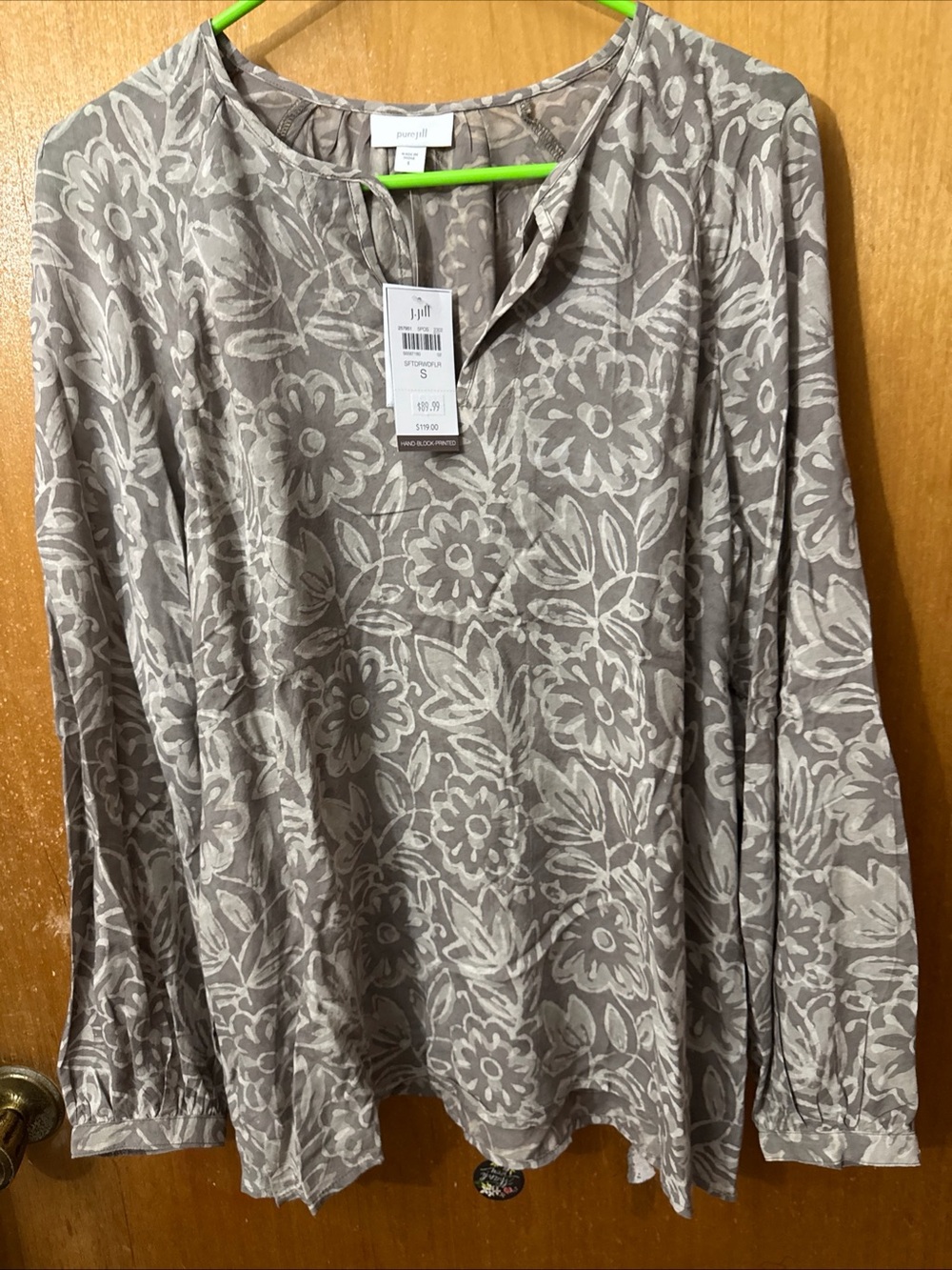 J Jill Taupe Floral Long Sleeve V-Neck Blouse Classic Hand Block Printed SZ S